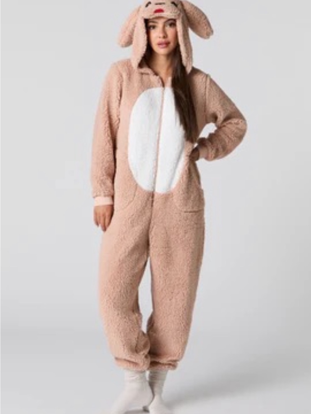 Cozy Beige Dog Onesie Pajamas with White Belly - Halloween Costume Pajamas